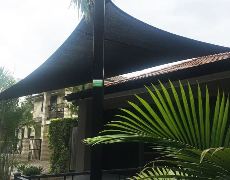 Brisbane-Shade Sails-Parkinson-Superior Shade Sails installed 1 x 5 point shade in Abshade, black material. 2 x galvanised steel posts powder-coated black.