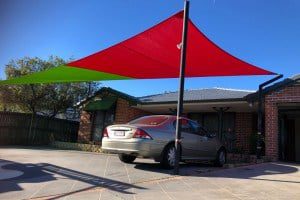Driveway Shade Sail in Zesty Lime/Red combo using Extreme 32 material