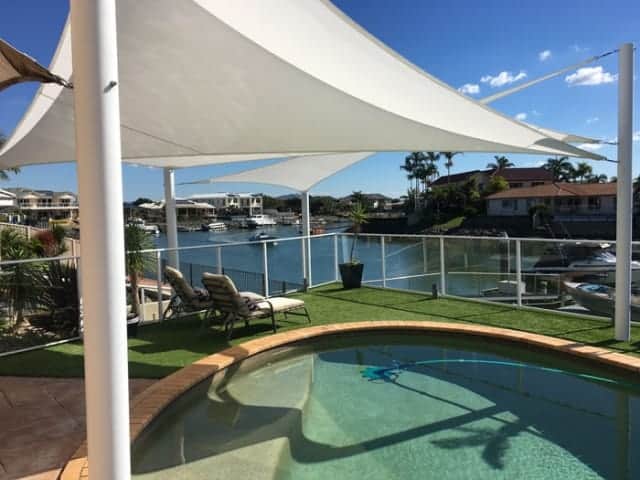 Shade Sails - Newport, Brisbane - Canal lifestyle sails in Rainbow Shade - Ice white Z-16 fabric.