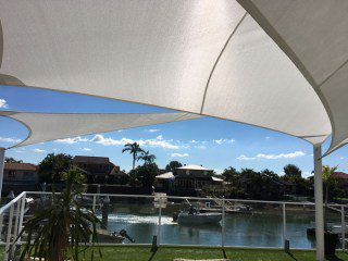 Shade Sails - Newport, Brisbane - Canal lifestyle sails in Rainbow Shade - Ice white Z-16 fabric.