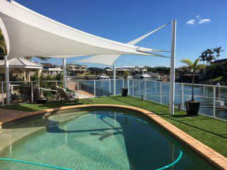 Shade Sails - Newport, Brisbane - Canal lifestyle sails in Rainbow Shade - Ice white Z-16 fabric.