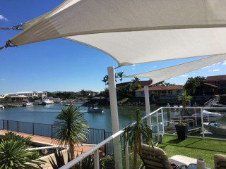 Shade Sails - Newport, Brisbane - Canal lifestyle sails in Rainbow Shade - Ice white Z-16 fabric.