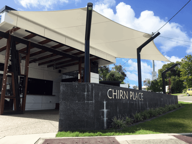 Chirn Place Southport, Gold Coast - Just in time for the Commonwealth Games we installed a Commercial Grade Mehler 5 point Café Sail with a fully welded sail cranked round profiled posts with 316 marine grade stainless steel fittings  attaching the sail to the sail-track