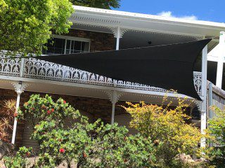 New 5 point shade sail in Chapel Hill - Z16 Charcoal Fabric New 5 point shade sail in Chapel Hill in the much loved Hyper shape using Z-16 Charcoal shade cloth fabric with 2 galvanized steel posts coated in white.