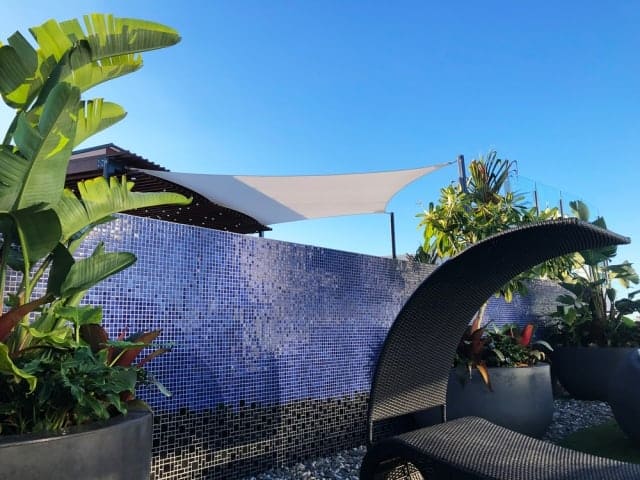 Shade Sail for the roof top and pool area of this luxury apartment building in West End, Brisbane - Rainbow Z-16 cloth fabric.