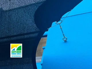 Close up of replacement Shade Sail installed at Beko Ormeau by Superior Shade Sails