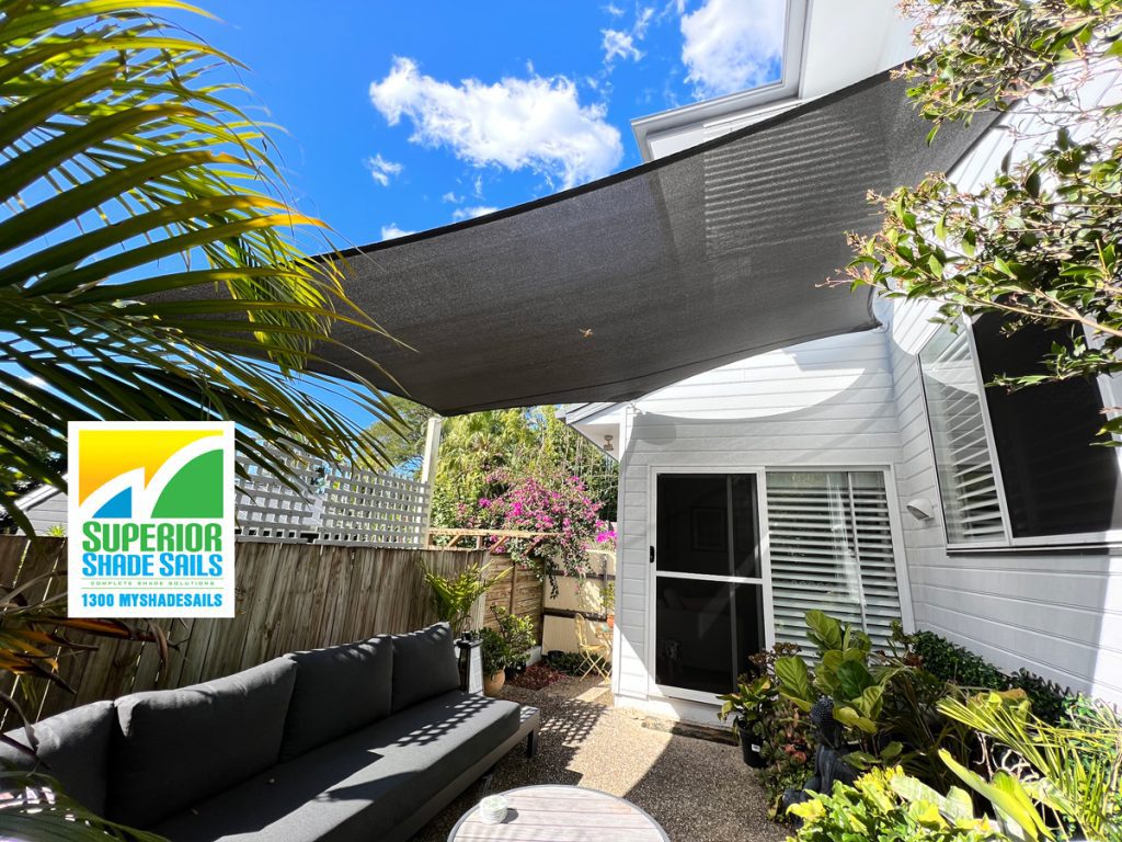Courtyard Shade Sail Brisbane  This subtropical courtyard shade sail fabric is Extrablock which for high UV protection, is flame retardant and dimensionally stable.