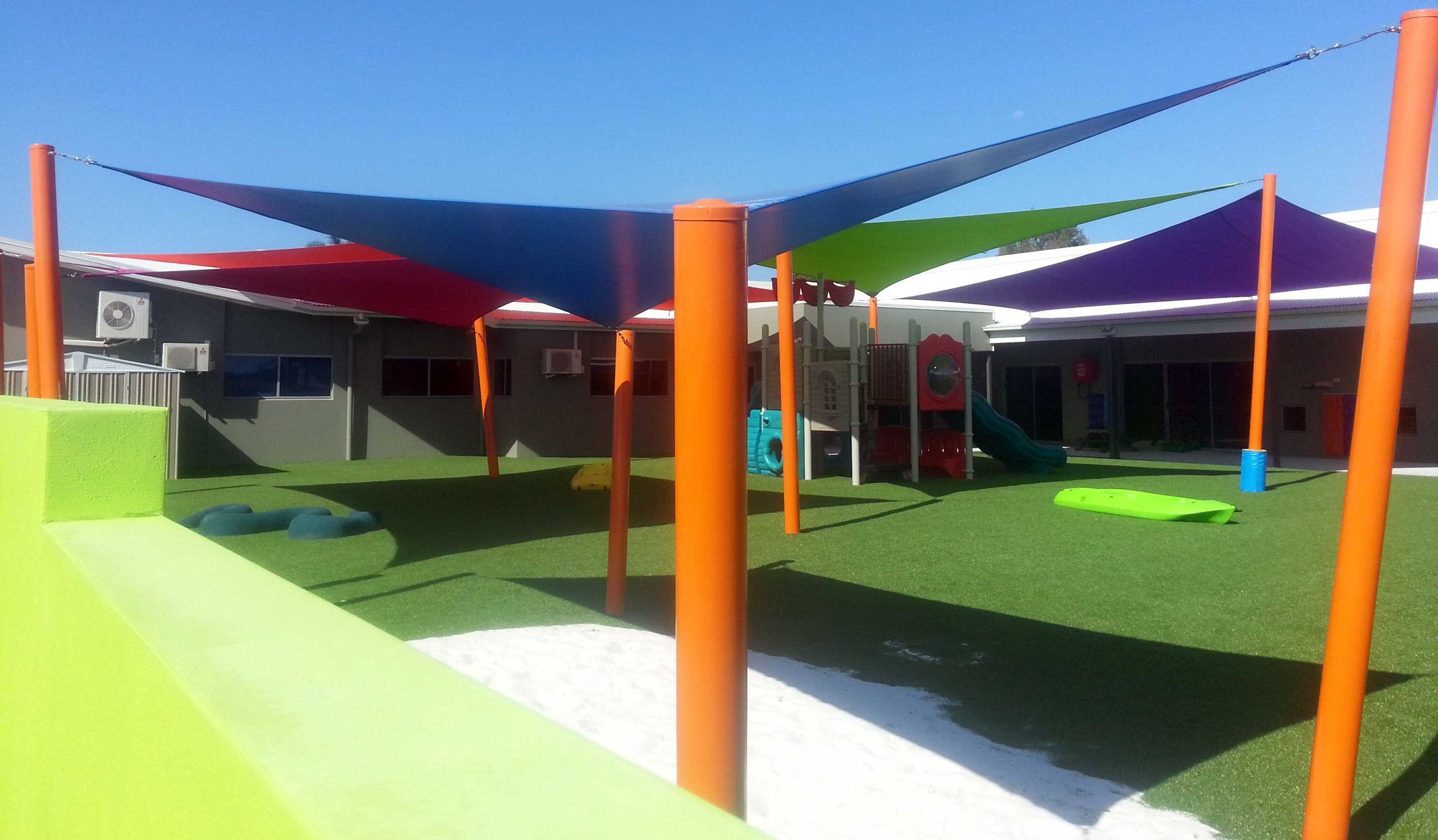 Shade Sails for Child Care Centres installed by Superior Shade Sails in a choice of colours.