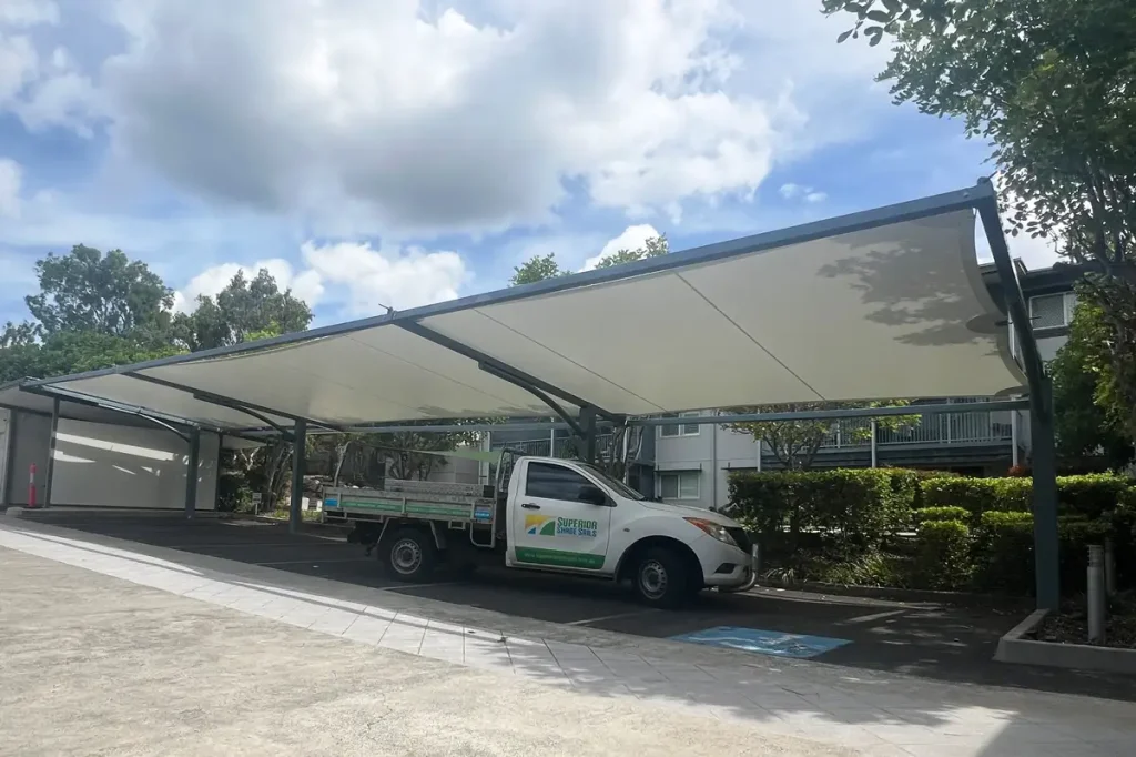Car Park Replacement Shade Sails in Mehler FR580s commercial-grade fabric with remarkable 10-year warranty and 316 marine grade stainless steel. 